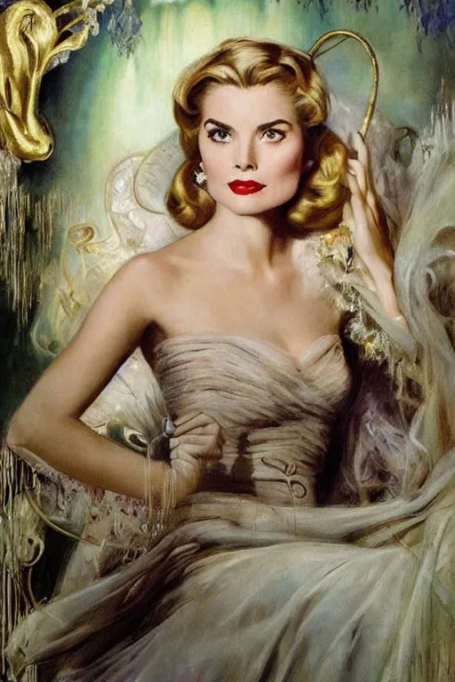 Image similar to a young and extremely beautiful grace kelly infected by night by dali in the style of a modern gaston bussiere, art nouveau, art deco, surrealism. anatomically correct. extremely lush detail. melancholic scene infected by night. perfect composition and lighting. sharp focus. high - contrast lush surrealistic photorealism. sultry and mischievous expression on her face.