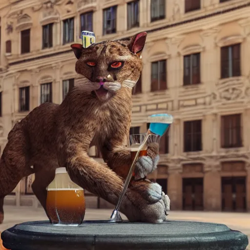 Image similar to A wild humanoid Puma holding a fresh beer with its paws in the city centrum from Palma de Mallorca with Palma Cathedral in the background, highly detailed, octane render