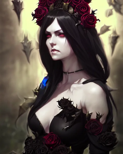 Image similar to dark sorceress in beautiful dress surrounded by black roses horns and skulls, cushart krenz, very detailed, realistic face, detailed face, matte, tonemapping, bbwchan, perfection, 4 k, cushart krenz