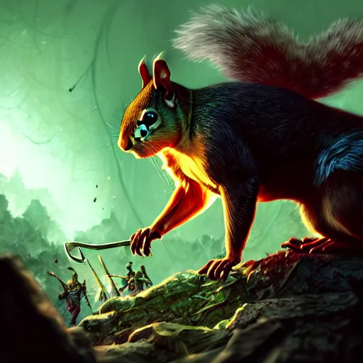 Prompt: Squirrel warrior, rage, maniac, Khorne, forest, green, magic the gathering artwork, D&D, fantasy, cinematic lighting, centered, symmetrical, highly detailed, digital painting, artstation, concept art, smooth, sharp focus, illustration, volumetric lighting, epic Composition, 8k, art by Akihiko Yoshida and Greg Rutkowski and Craig Mullins, oil painting, cgsociety