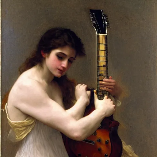 Prompt: an oil painting of a flying angel playing an electric guitar, by Bouguereau, highly detailed and intricate,