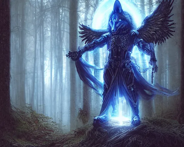 Image similar to 5 5 mm portrait photo of an armored holy wolf angelic with blue glowing eyes and looking at the camera, glowing with holy lights, holy energy, in a magical forest. magical atmosphere. art by greg rutkowski and luis royo. highly detailed 8 k. intricate. lifelike. soft light. nikon d 8 5 0.