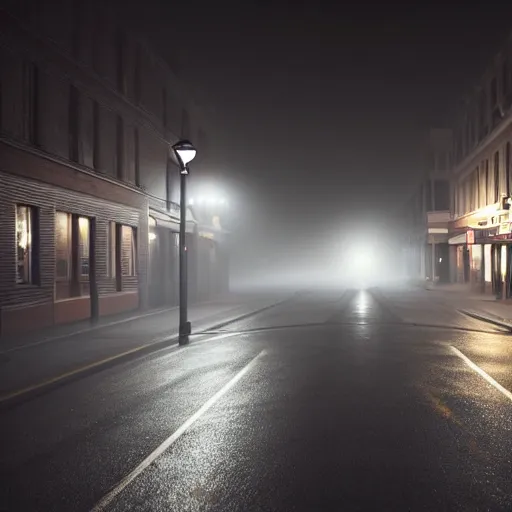 Prompt: A stunningly beautiful award-winning 8K high angle from 2nd floor cinematic movie photograph looking down diagonally across a spooky dark very foggy empty lightless moonlit main street intersection in an abandoned 1950s small town at night. perfect composition, moody low key backlit. Color palette from Seven, greens yellows and reds. 2 point perspective. Octane render, dense fog, no lights