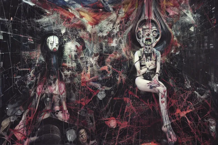 Prompt: Eventually even those who avoided the world were drawn into its madness. in a brutalist architecture space ship, gothic, rich deep colours, creepy, diabolical, dark, mystical, intrincate, maximalism, painted by Francis bacon, Adrian ghenie, James jean and Petra cortright part by Gerhard Richter, part by Takato Yamamoto. 8k masterpiece