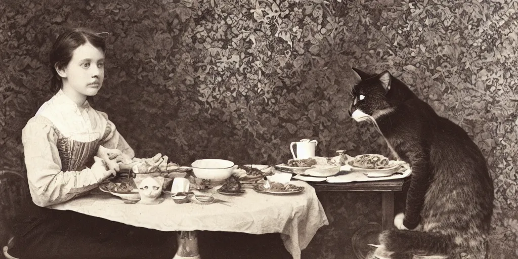 Image similar to a girl has breakfast with her cat at the table filled with food, flowery wallpaper, 1 8 8 0 s style, professional photography