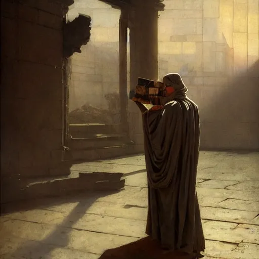 Image similar to half portait of jedi wearing a closed cowl and big old book! chained to the wrist, jeremy mann, jean - leon gerome, tiepolo, alphonse mucha, greg rutkowski, face in the shadows, ( ( ruins of ancient rome ) ), at dusk, mysterious atmosphere, sunrays, dof, high detailed, 8 k