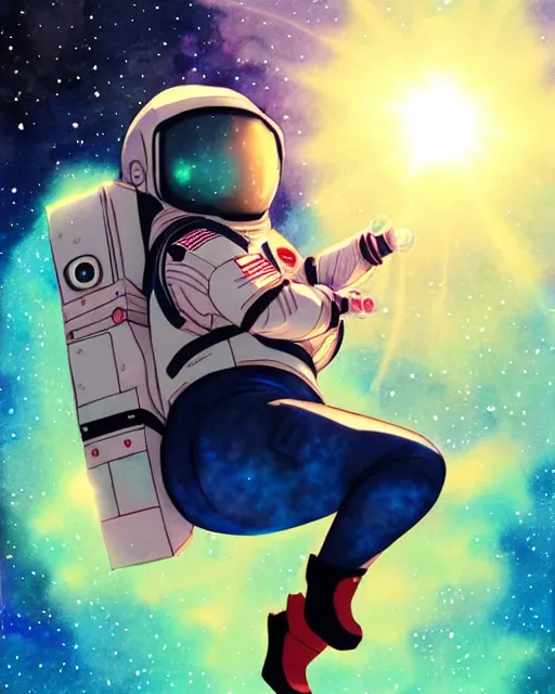 Prompt: oriental water color of a cute thicc female astronaut, floating through space, backlit, realistic anime, trending on pixiv