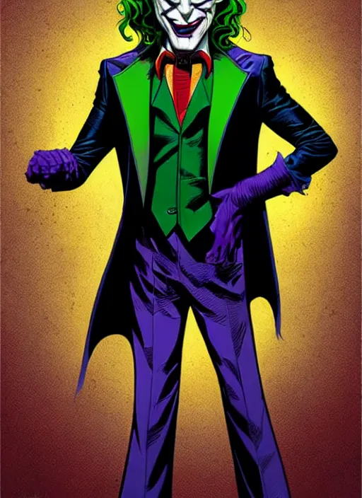 Image similar to Neil Patrick Harris as the Joker, full shot, concept art, illustration by John Romita Jr.