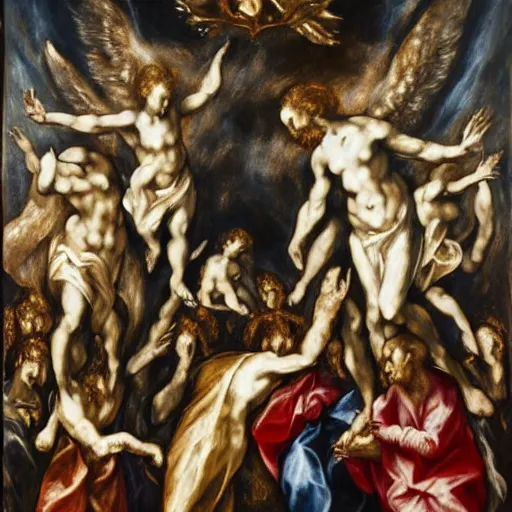 Image similar to symmetry, highly detailed stunning oil painting of heaven, oil on canvas, michaelangelo, el greco, expressionistic, emotive, epic