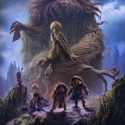 Prompt: the dark crystal wide angle battle scene, highly textured, hyperrealism, explosions, award winning, gritty