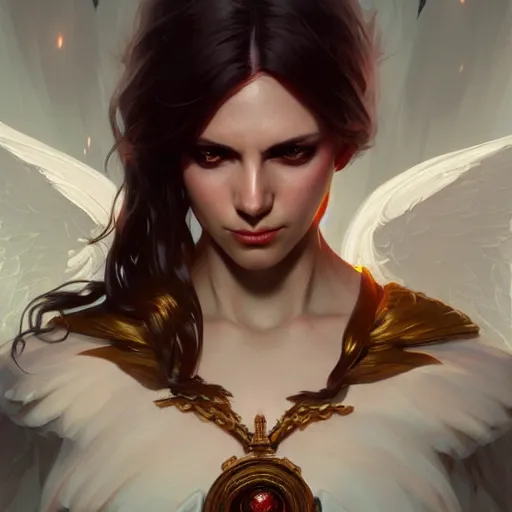 Image similar to Angel Vampire, highly detailed, digital painting, artstation, concept art, smooth, sharp focus, illustration, Unreal Engine 5, 8K, art by artgerm and greg rutkowski and alphonse mucha