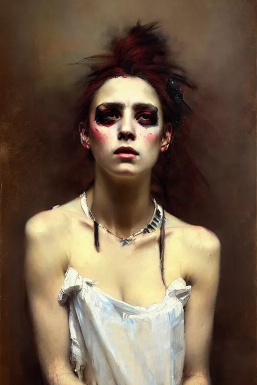 Image similar to solomon joseph solomon and richard schmid and jeremy lipking victorian loose genre loose painting full length portrait painting of a young beautiful woman punk rocker