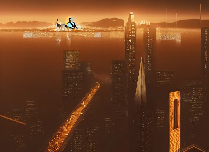 Prompt: cyberpunk scifi scene of san fransico skyline at night, salesforce tower, golden gate bridge, artstation, matt painting, very detailed, maximalism, ambient occlusion, volumetric light, atmospheric haze, unreal engine, hyper realism, realistic shading, cinematic composition, realistic render, octane render, detailed textures, photorealistic, wide shot