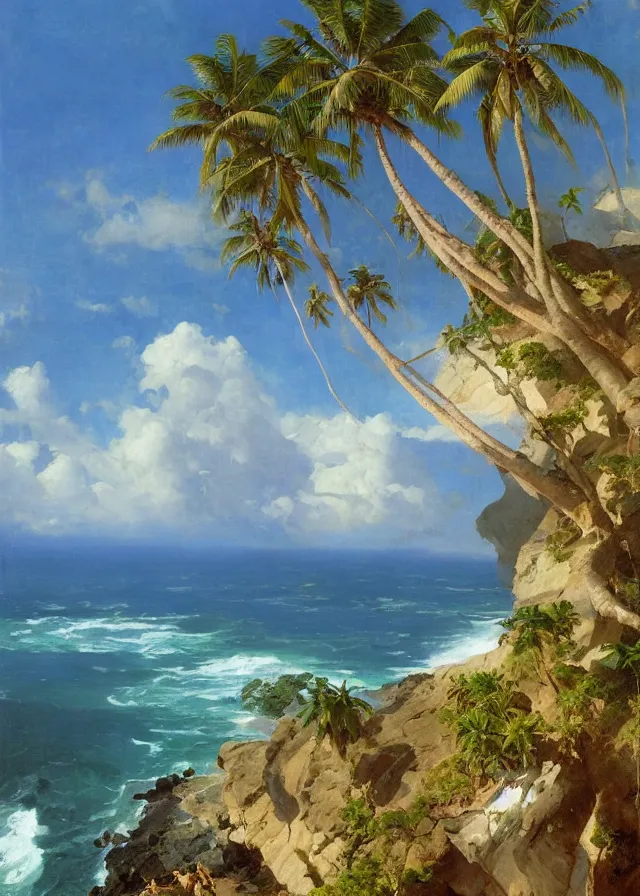 Prompt: a long, narrow, deep tropical inlet of the pacific sea between high cliffs, palm trees, extremely detailed oil painting, sargent and leyendecker, savrasov levitan polenov, bruce pennington, tim hildebrandt, digital art, landscape painting, trending on artstation, masterpiece