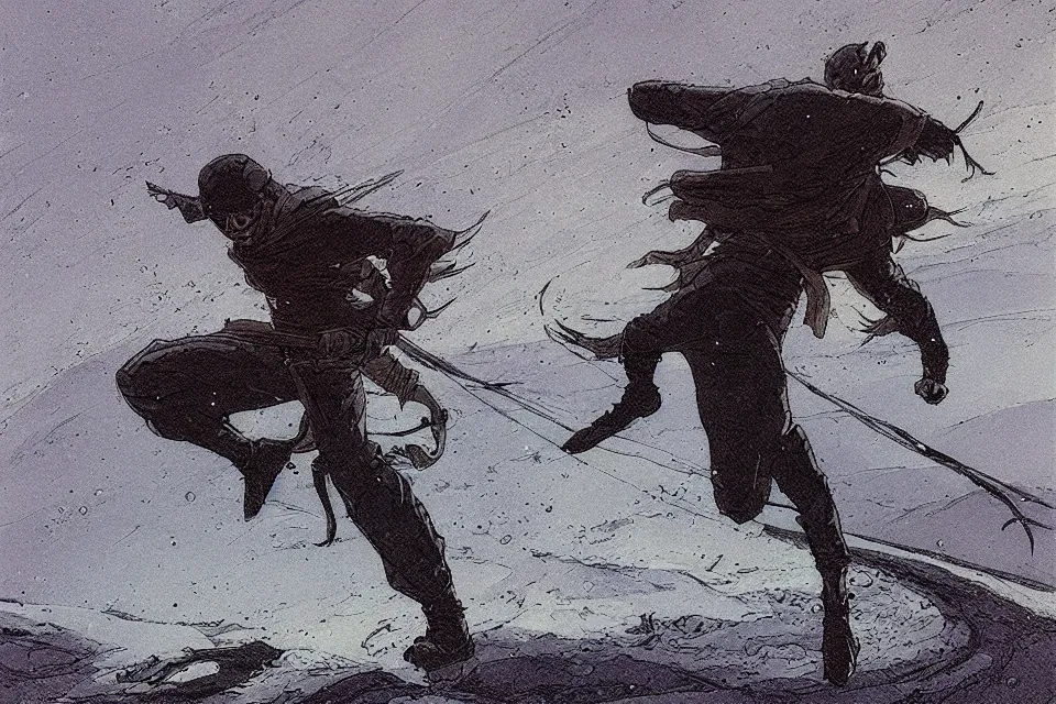 Prompt: atmospheric nightscene of a ninja running through a snow field by moebius and john harris, dynamic pose