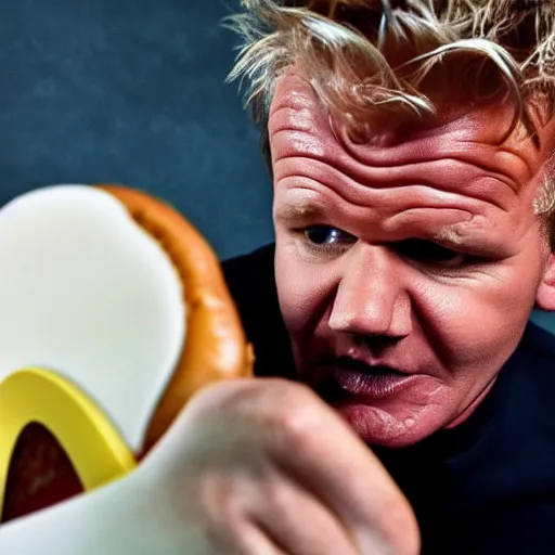 Image similar to gordon ramsay dissatisfied after taking a bite of a mcdonalds burger