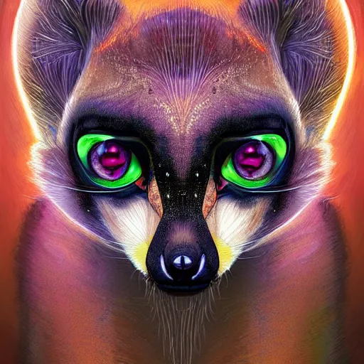 Prompt: centered Geometric symmetrical lemur with galaxy eyes, sun in the background, intricate, elegant, highly detailed, digital painting, artstation, concept art, smooth, sharp focus, illustration, art by artgerm