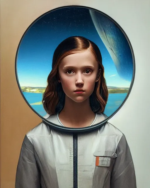 Prompt: a window - lit realistic portrait painting of a thoughtful girl resembling a young, shy, redheaded alicia vikander or millie bobby brown wearing a futuristic reflective spacesuit by a spaceship porthole, highly detailed, intricate, by vermeer