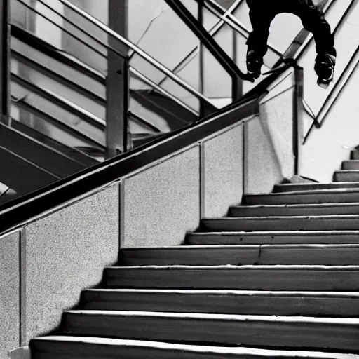 Prompt: alfred hitchcock skateboarding performs a tre flip down a staircase in the city, black and white, detailed photography