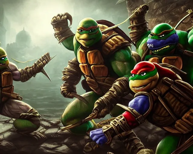 Image similar to a gaming screenshot still portrait of teenage mutant ninja turtles in mortal kombat, deep focus, d & d, fantasy, intricate, elegant, highly detailed, digital painting, artstation, concept art, matte, sharp focus, illustration, dark fantasy style art, hearthstone, art by artgerm and greg rutkowski and alphonse mucha