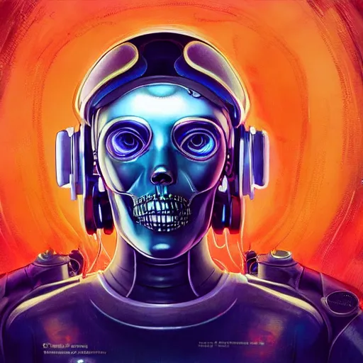 Prompt: realistic detailed cyberpunk close up portrait of a menacing girl with half human half robot skull, shiny space helmet by Anna and Elena Balbusso, Akira, Ghost in the Shell, studio Ghibli, anime Art Nouveau, rich deep vibrant colors, futuristic, sci-fi