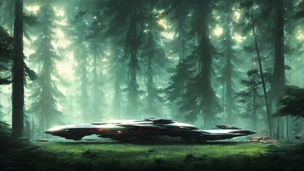 Image similar to a spaceship lost in the forest, detailed digital art by greg rutkowski.