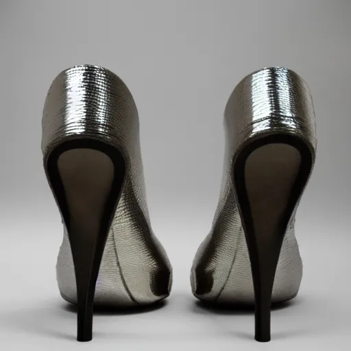 Image similar to a pair of metallic armored reflective heels, photography, design, armor, medieval, shiny, detailed, trending on artstation, armor