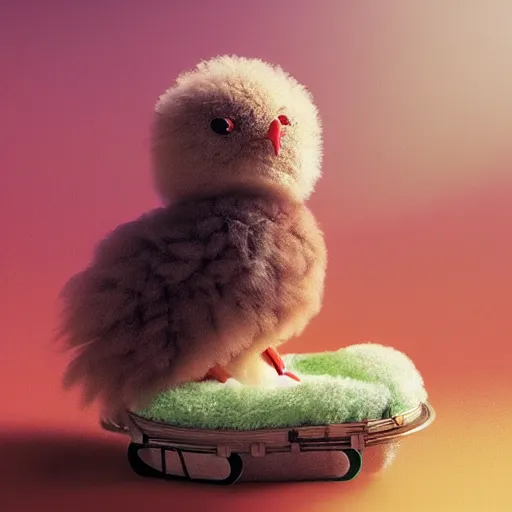 Image similar to long shot of a cute fluffy furry chick nesting in a playmobil car, by esao andrews, by m. w. kaluta, humorous illustration, hyperrealistic, tilt shift, warm colors, night scenery, low light, 3 d octane render, 4 k, volumetric lights, smooth, cosy atmosphere, conceptart, hyperdetailed, trending on deviantart