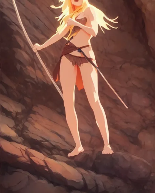 Image similar to blond woman in a cave - woman outfit, by artgerm, by studio muti, greg rutkowski makoto shinkai takashi takeuchi studio ghibli