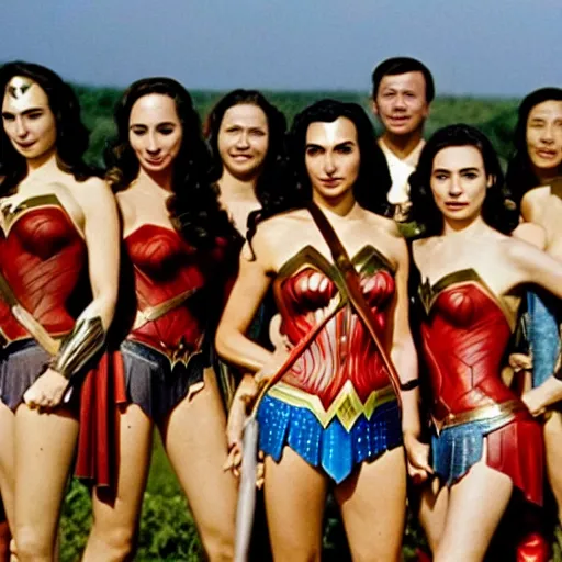 Prompt: Gal Gadot as Wonder Woman, group photo taken during the 1960s on the Vietnam Battlefields with other American Soldiers, extremely detailed