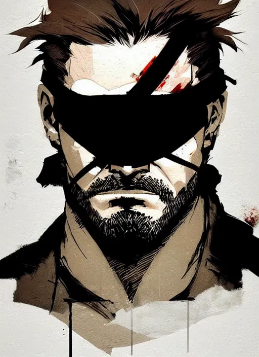 Prompt: highly detailed closeup of a moody solid snake mgs 1 with eyepatch and headband by atey ghailan, by greg rutkowski, by greg tocchini, by james gilleard, by joe fenton, by kaethe butcher, by yoji shinkawa, gradient blue, black, brown and white color scheme muted tones, grunge aesthetic!!! white graffiti tag wall background