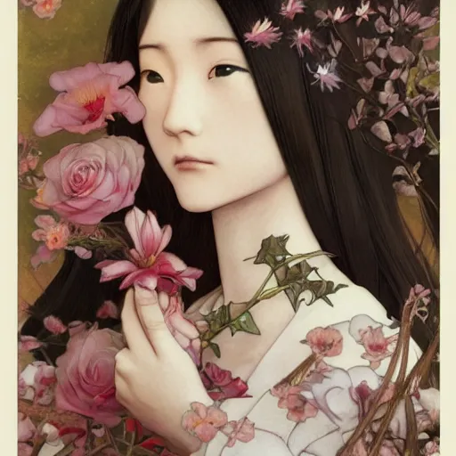 Image similar to a japanese girl as flower maiden, anime key visual, by annie swynnerton and tino rodriguez and charlie bowater and tom bagshaw and nicholas roerich and jean delville and evelyn de morgan and lucien freud, dramatic lighting, floral tattoos, rich colors, smooth sharp focus, extremely detailed, adolf wolfli