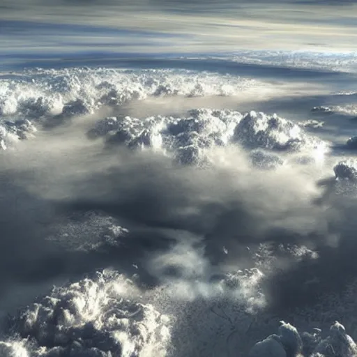 Image similar to world covered with enormous clouds, thru clouds there is slightly visible ice covered world, matte painting, concept art, illustration highly detailed artwork cinematic hyper realistic