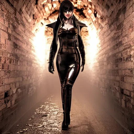 Prompt: a school boy being cornered by a succubus in a leather suit, devi wings, cracked brick wall, long hallway, light at the end of the tunnel, volumetric lighting, concept art, detailed, dramatic lighting, by wlop, artgerm