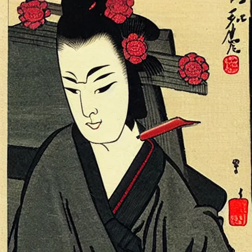 Image similar to a lady with sinister eyes holding a knife with blood on it, ukio-e style,