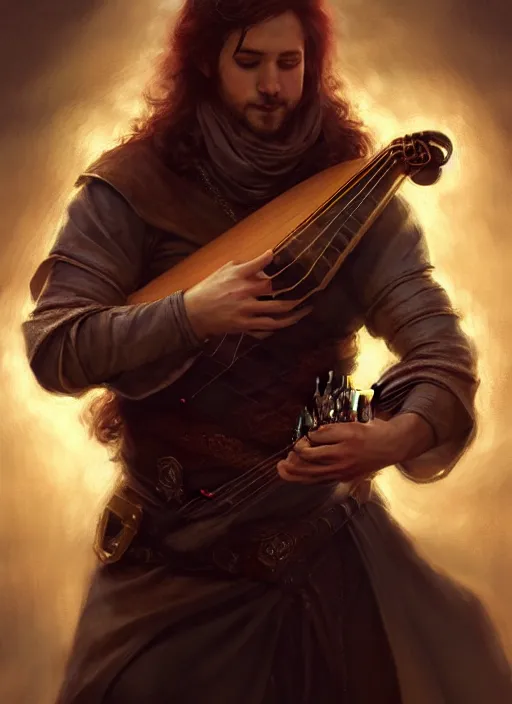 Prompt: male bard playing lute, full body, hyper realistic, extremely detailed, dnd character art portrait, dark fantasy art, intricate fantasy painting, dramatic lighting, vivid colors, deviantart, artstation, by clyde caldwell and krenz cushart and artem demura and john williams waterhouse