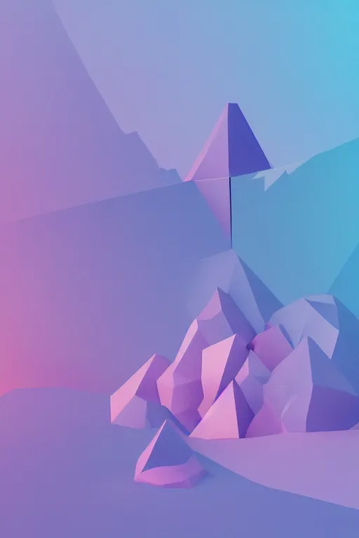 Image similar to geometric 3 d render, soft bright pastel, unicorn in the middle, mountains surrounding, rule of thirds