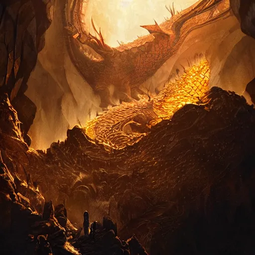 Image similar to The dragon Smaug inside the mountain of Erebor staring at Bilbo Baggins, surrounded by gold and treasure, by Greg Rutkowski