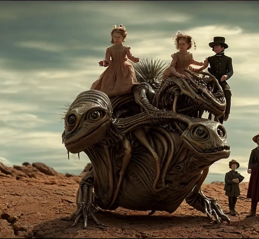 Image similar to sharp, highly detailed, film from a 2 0 1 9 sci fi 8 k movie, set in 1 8 6 0, a human family riding on the back of small cute alien creatures, across an alien landscape, wearing 1 8 6 0 s clothes, atmospheric lighting, in focus, reflective eyes, 3 5 mm macro lens, live action, nice composition