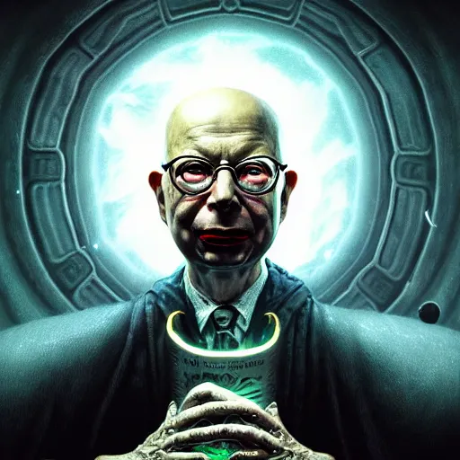 Image similar to uhd photorealistic dark scifi illustration of klaus schwab, reading necronomicon wearing bizarre voodoo makeup. cinematic lighting, intricate makeup, swirling ghosts, in the style of akira toriyama, beksisnski, amano and karol bak, evil, fantasy, hyperdetailed.