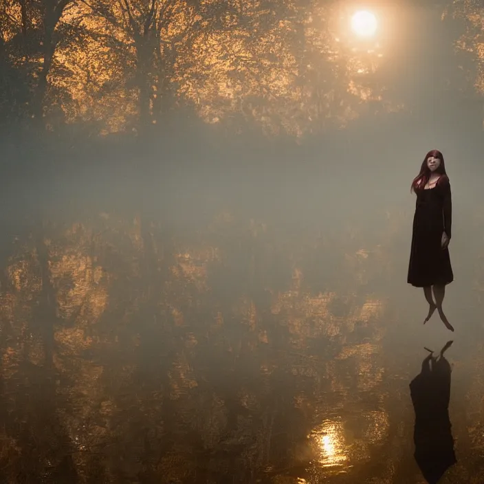 Prompt: a closeup portrait of a woman wrapped in plastic, standing next to a giant huge levitating copper orb, in a foggy pond, golden hour, color photograph, by vincent desiderio, canon eos c 3 0 0, ƒ 1. 8, 3 5 mm, 8 k, medium - format print