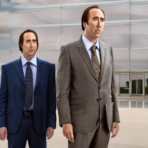 Image similar to photo of Saul Goodman standing beside Nicholas Cage, highly detailed, high quality, HD, 4k, 8k, Canon 300mm, professional photographer, 40mp, lifelike, top-rated, award winning, realistic, sharp, no blur, edited, corrected, trending