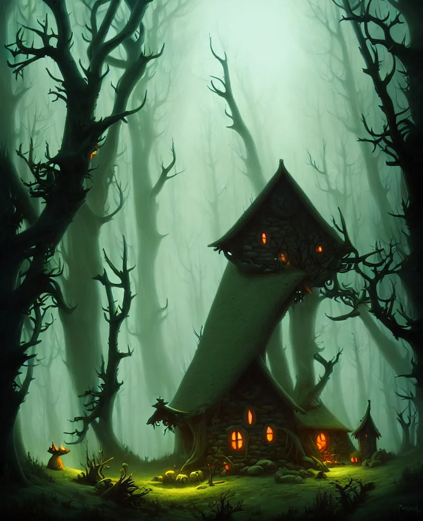 Image similar to a witches cabin in a dark forest, by peter mohrbacher