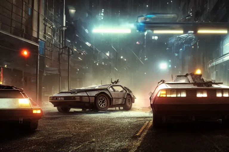 Image similar to photo of the back to the future combat delorean driving on wet post apocalyptic dystopian cyberpunk city streets at night, rocket league, mad max, action, speed, volumetric lighting, hdr, gta 5, makoto shinkai, syd mead, craig mullins, cinematic, fast and furious, octane, 8 k, iso 1 0 0, 1 2 mm