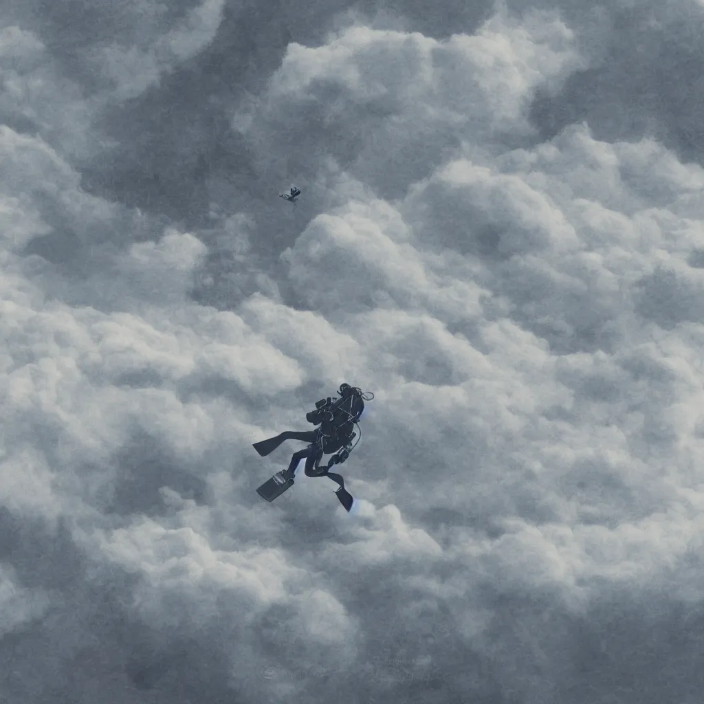 Image similar to a scubadiver floating above the clouds, closeup, digital illustration