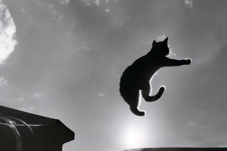 Prompt: a cat jumping off a plane with a parachute, cinematic composition, action