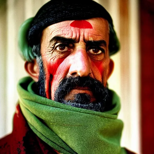 Image similar to portrait of president woodrow wilson as afghan man, green eyes and red scarf looking intently, photograph by steve mccurry