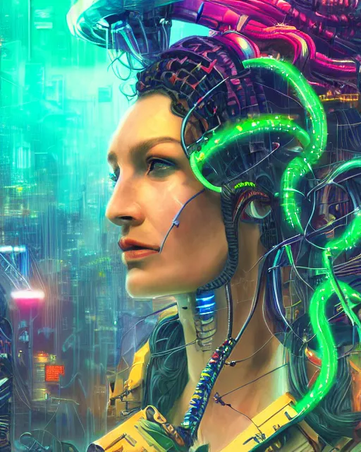 Image similar to a cyberpunk close up portrait of cyborg medusa, electricity, rainbow, snakes in hair, sparks, bokeh, soft focus, skin tones, warm, daylight, geometric, by unreal engine, paul lehr, jesper ejsing