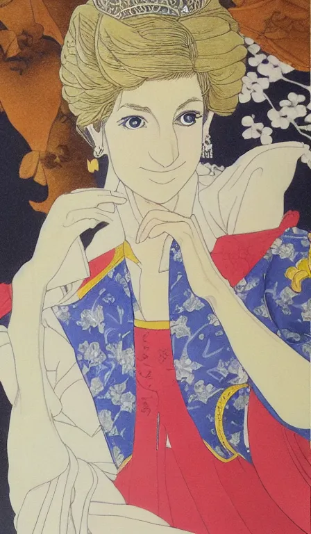 Prompt: anime llustration of princess diana, drawn by yoshitoshi abe, oil painting, washed out color,