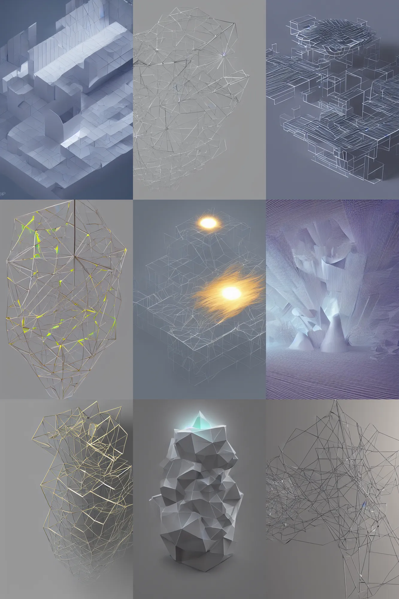 Prompt: vivid 3D animated designscapes with bursts of radiant particles–building an ethereal minimal space sculpture, professional concept art, trending on artstation, geometric